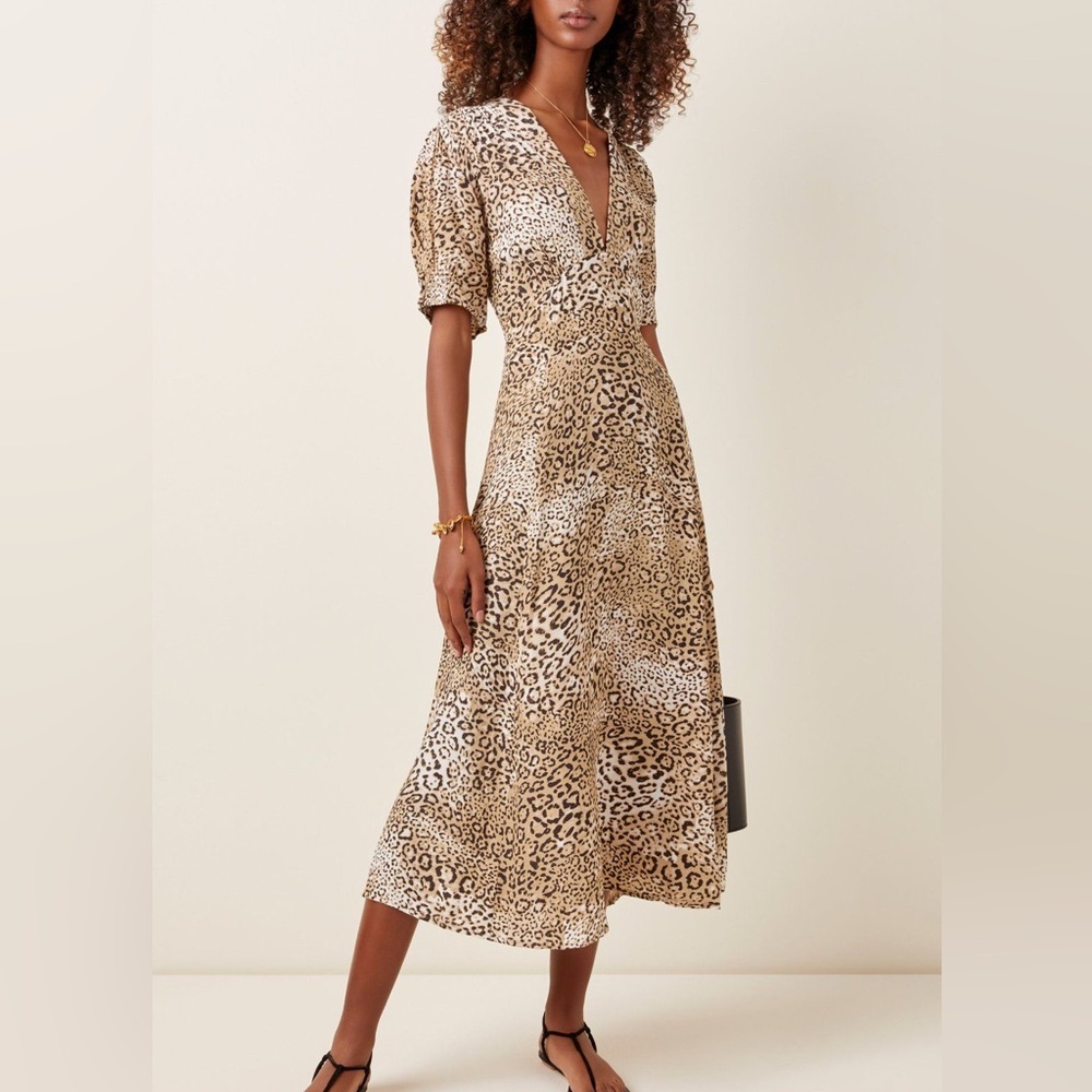 Faithfull The Brand Meadows Midi Dress in Leopard Animal Print